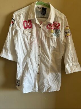 Woman’s White Embroidered Button-Front Harley Davidson Shirt with Patch Accents